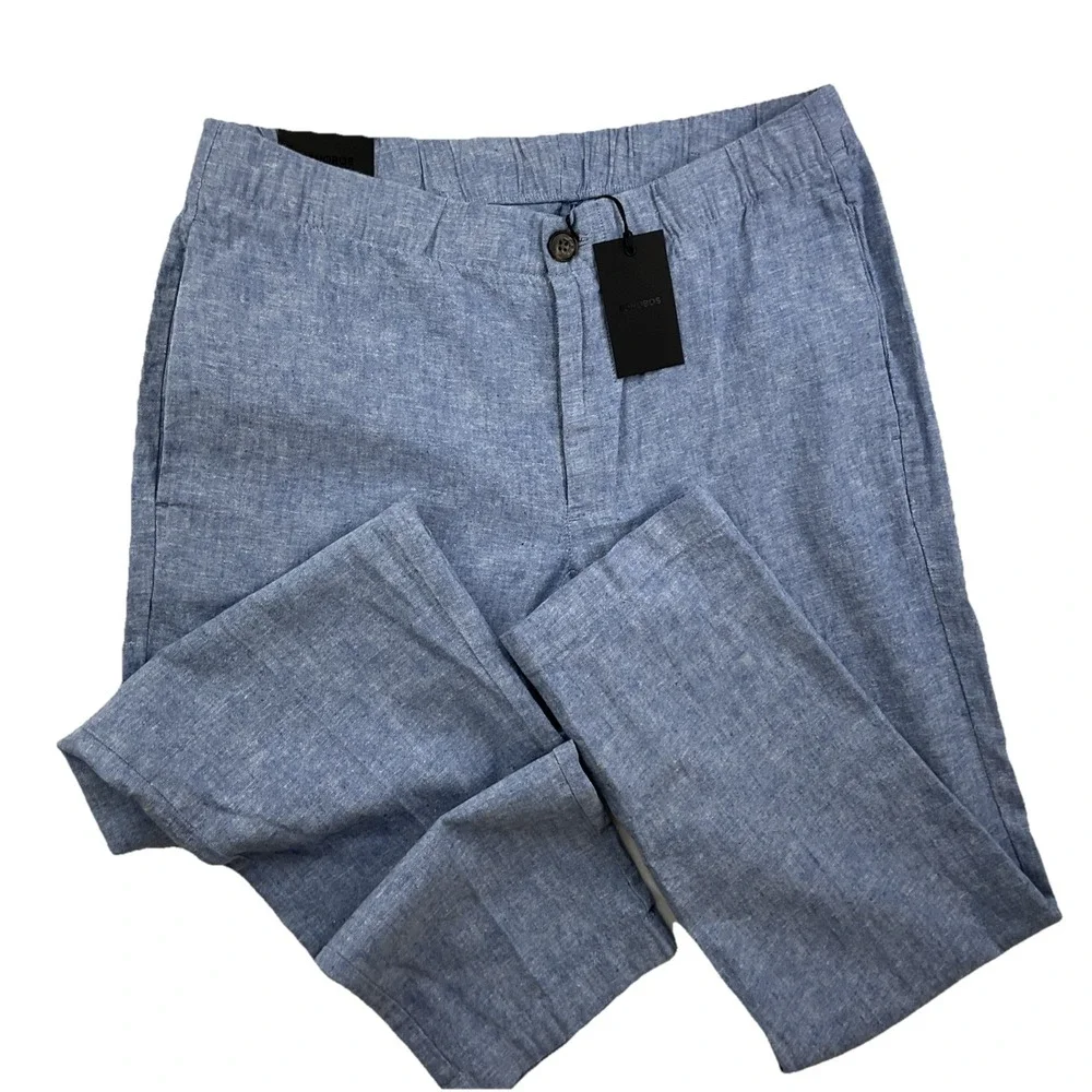 Bonobos Pants Men Sz M Linen Blend Blue Chambray Tapered Drawstring Trousers NWT